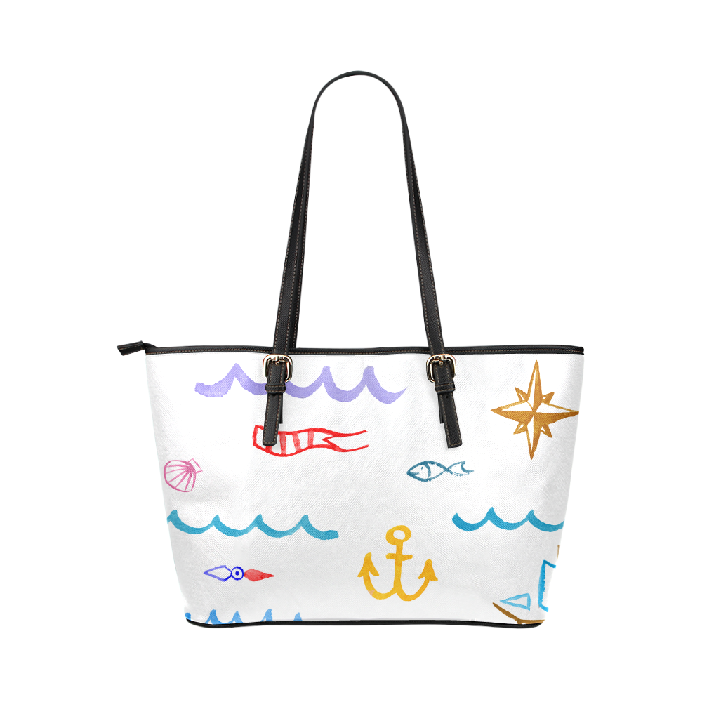 kid doodle nuatical Leather Tote Bag/Small (Model 1651)