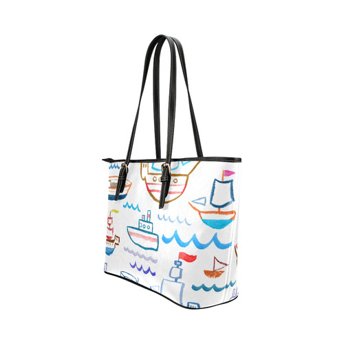 children nautical doodles Leather Tote Bag/Small (Model 1651)