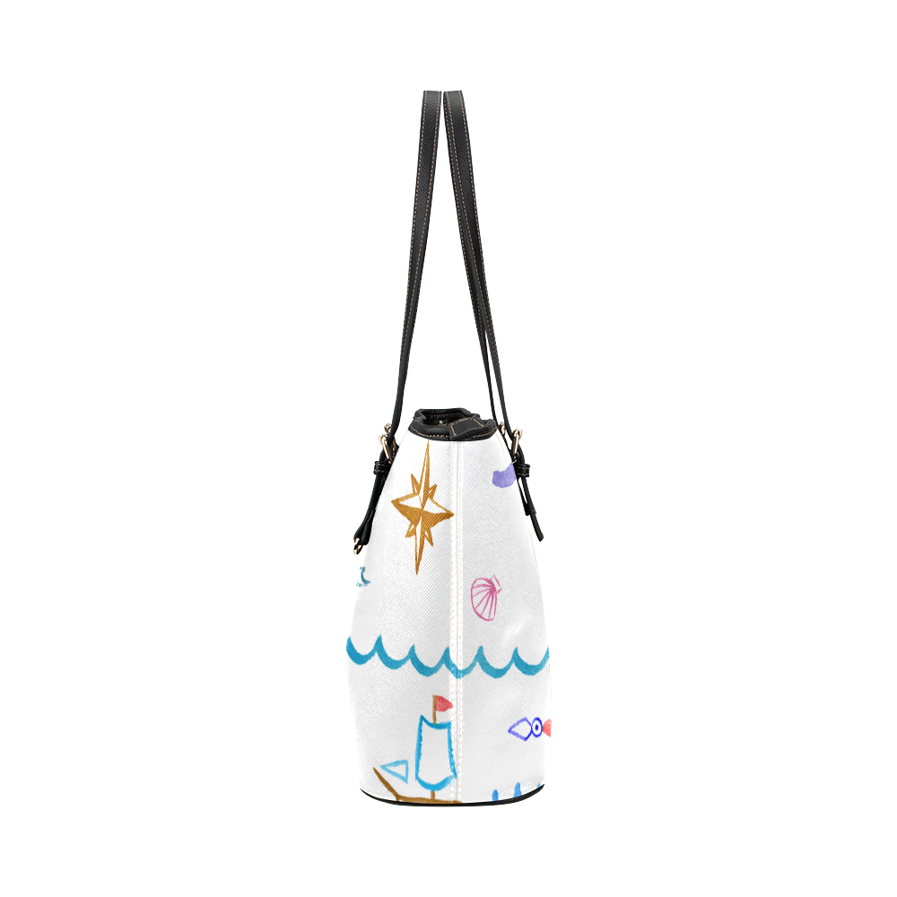 kid doodle nuatical Leather Tote Bag/Small (Model 1651)