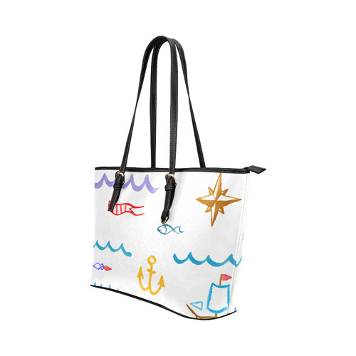 kid doodle nuatical Leather Tote Bag/Small (Model 1651)