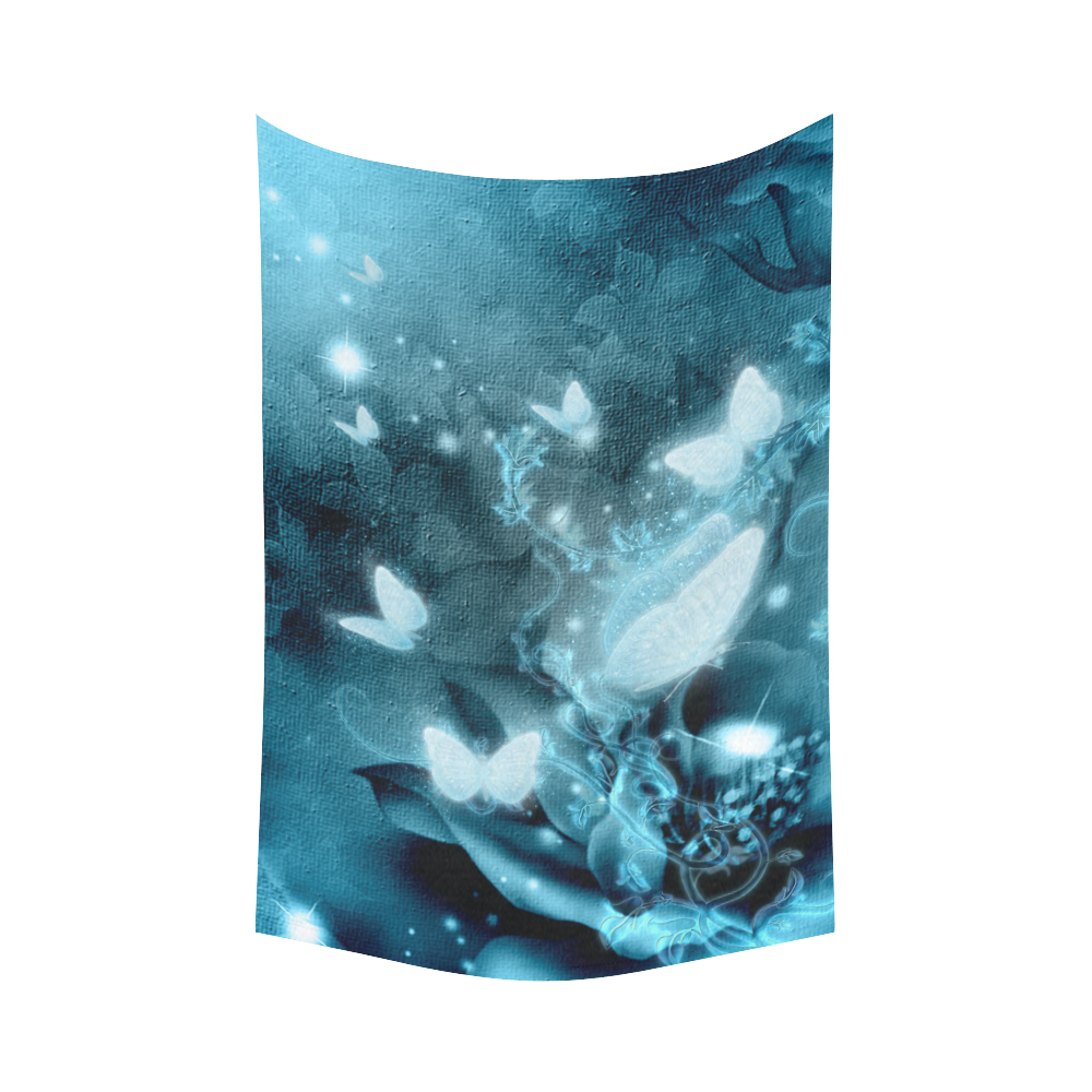 Glowing butterflies in blue colors Cotton Linen Wall Tapestry 60"x 90"