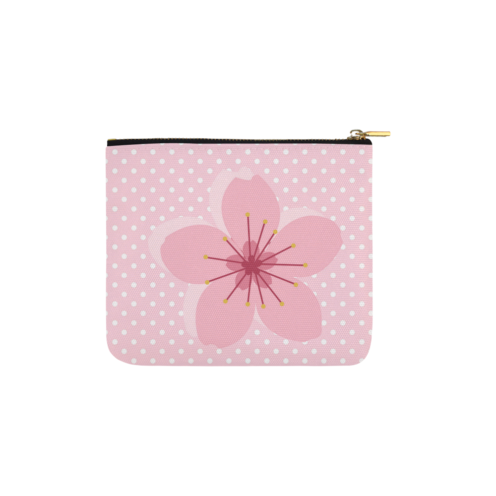 Pink White Polka Dots, Pink Cherry Blossom Flower Carry-All Pouch 6''x5''