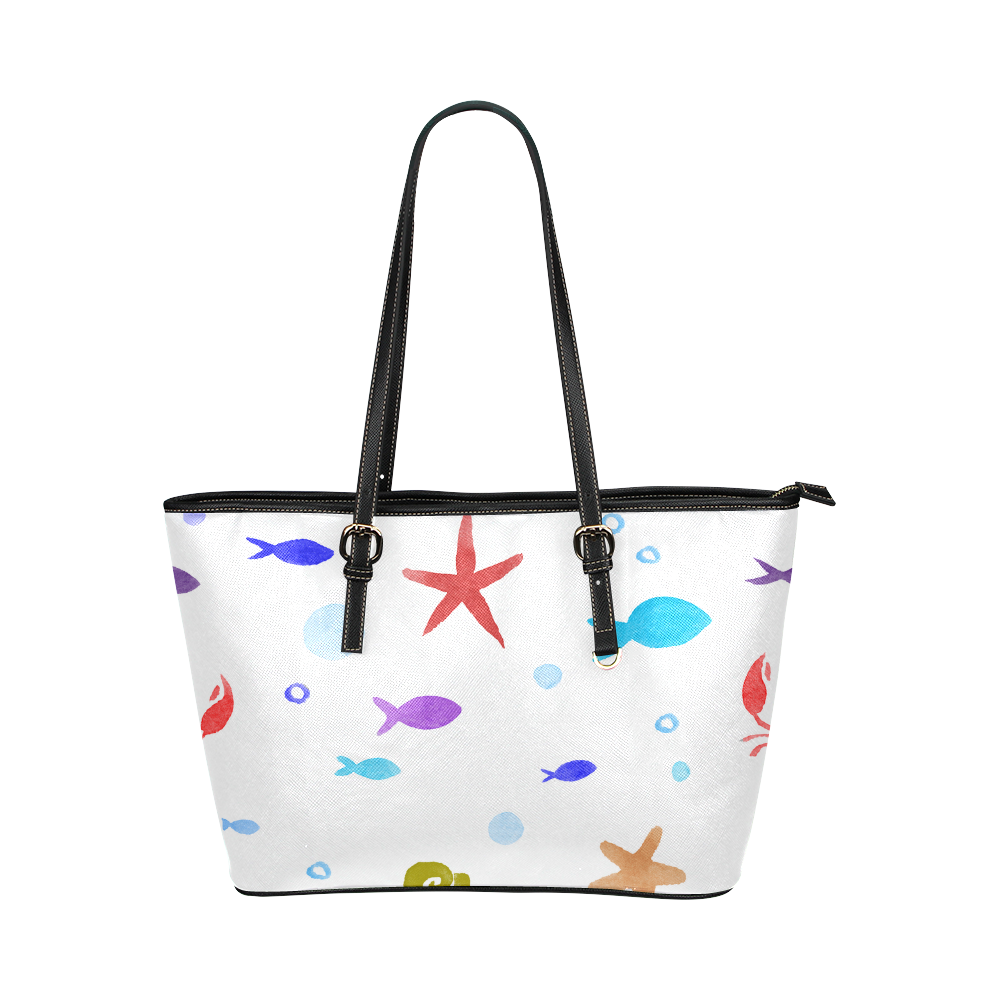 children nautical doodles Leather Tote Bag/Small (Model 1651)