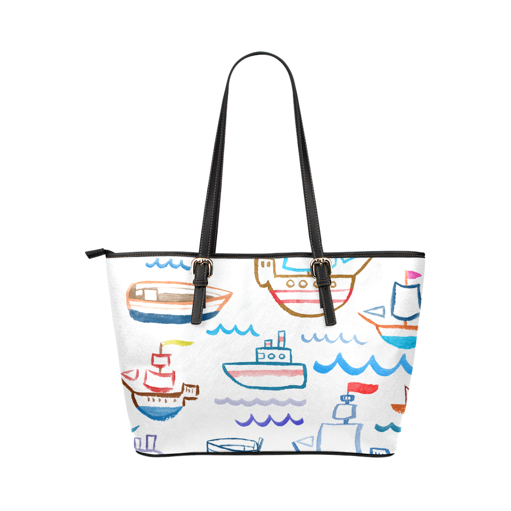 children nautical doodles Leather Tote Bag/Small (Model 1651)