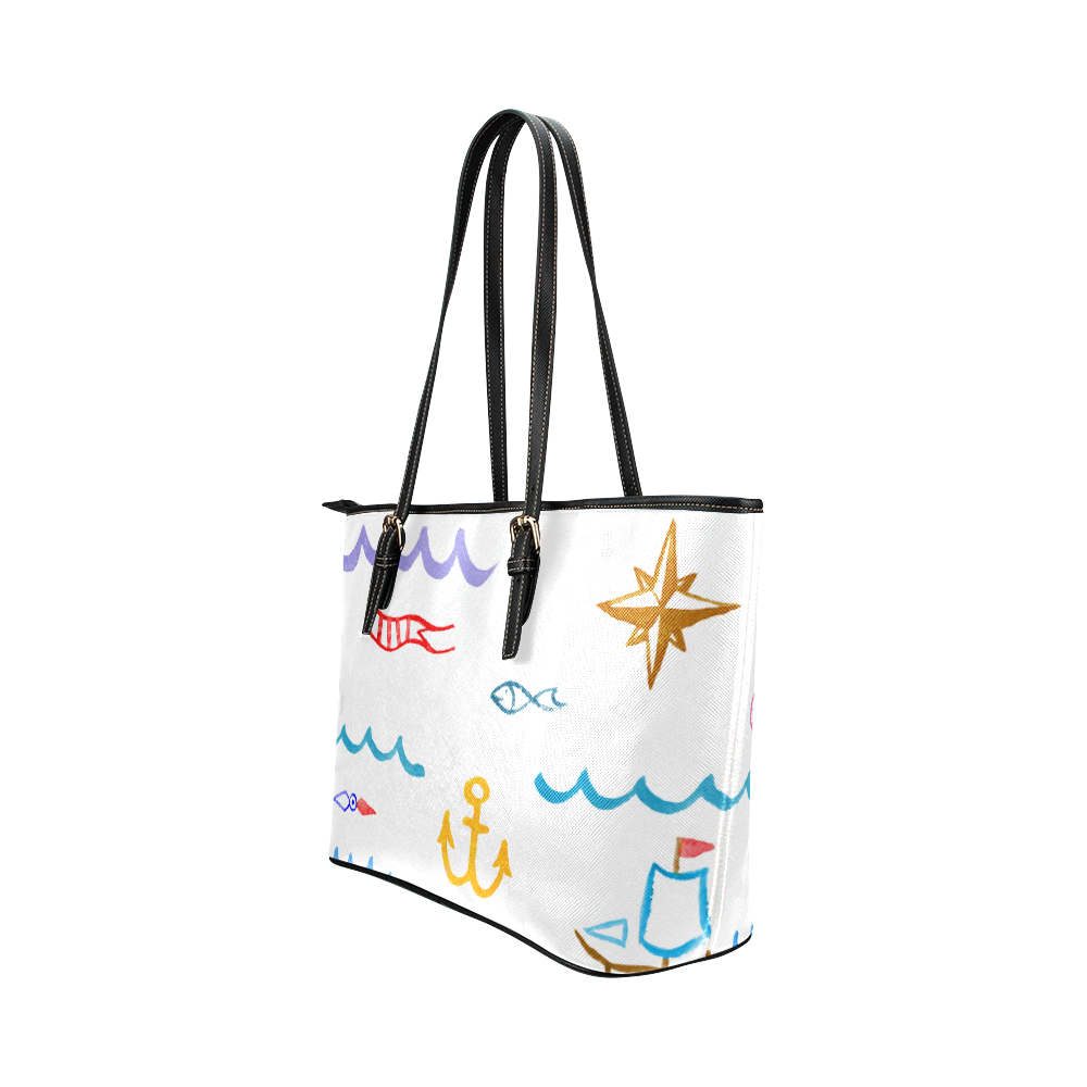 kid doodle nuatical Leather Tote Bag/Small (Model 1651)