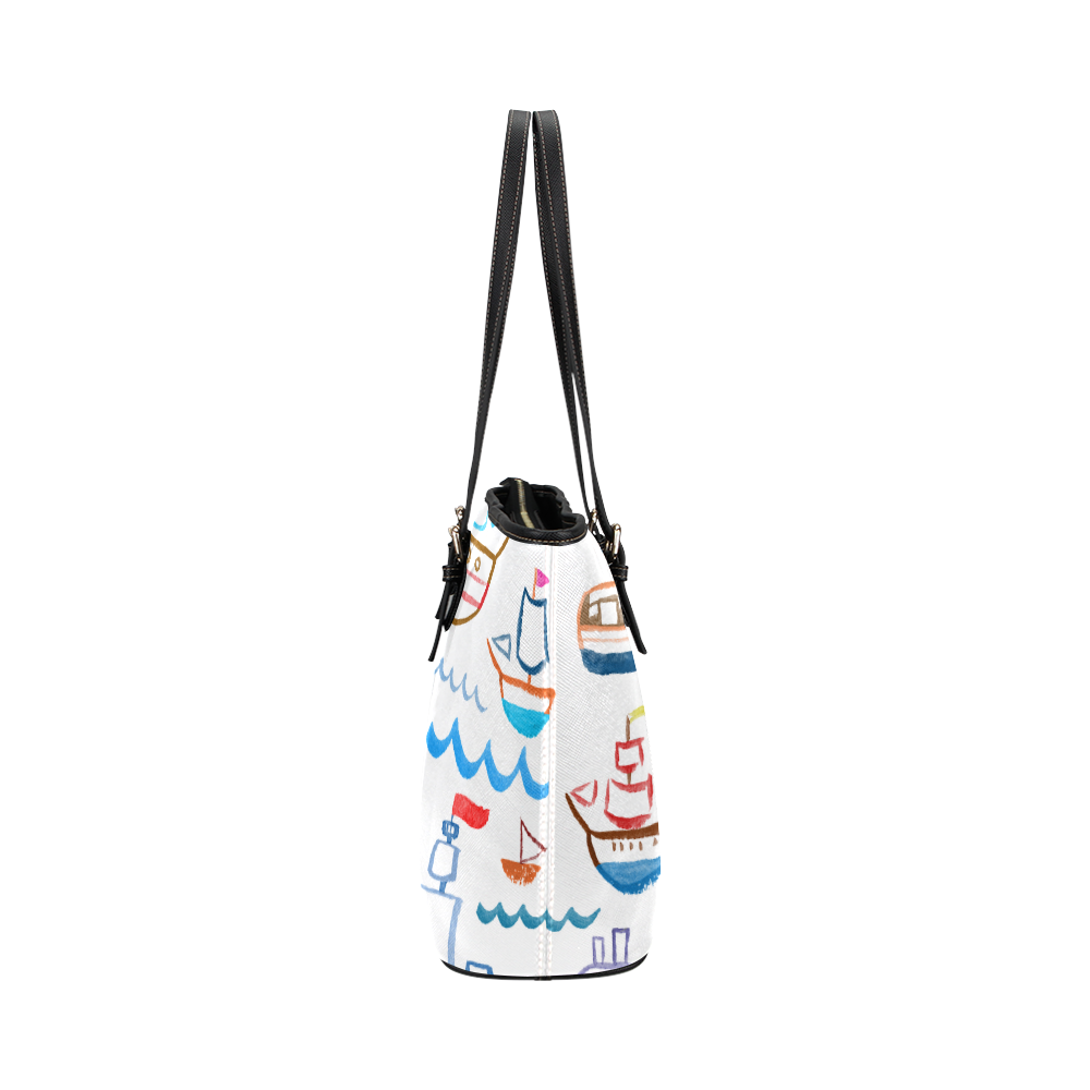 children nautical doodles Leather Tote Bag/Small (Model 1651)