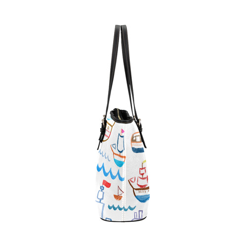 children nautical doodles Leather Tote Bag/Small (Model 1651)