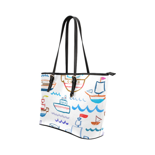 children nautical doodles Leather Tote Bag/Small (Model 1651)