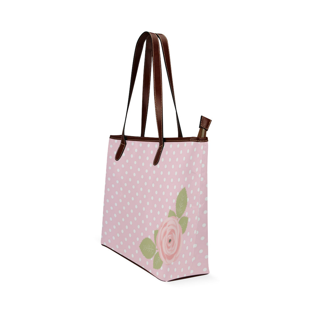 Pink White Polka Dots, Pink Rose Flower Shoulder Tote Bag (Model 1646)