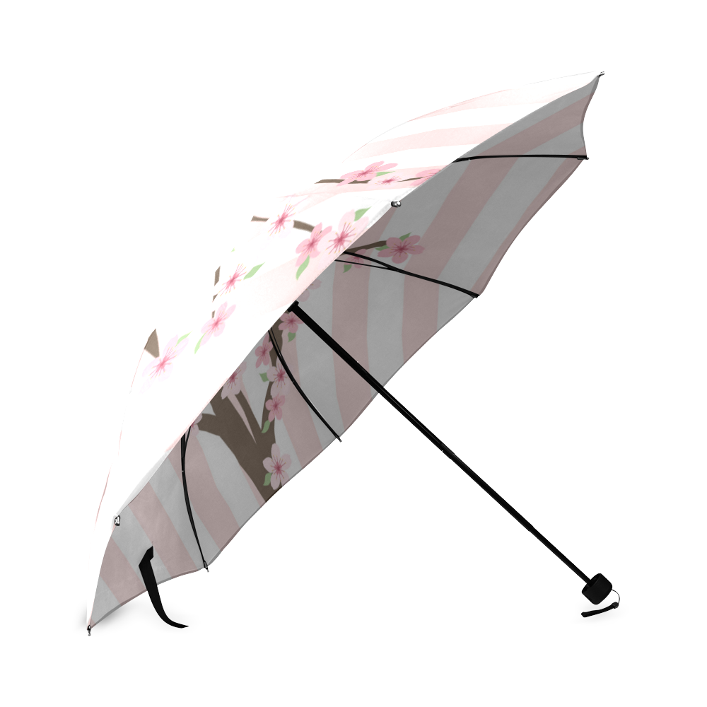 Pink White Stripes, Cherry Blossom Tree, Floral Pattern Foldable Umbrella (Model U01)