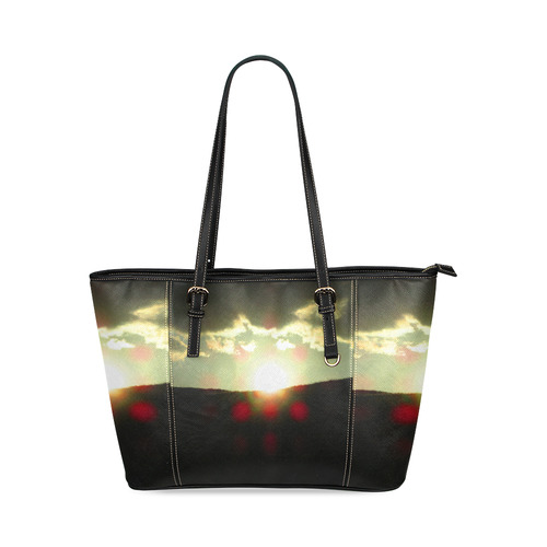 Sunset over the hill Leather Tote Bag/Small (Model 1640)