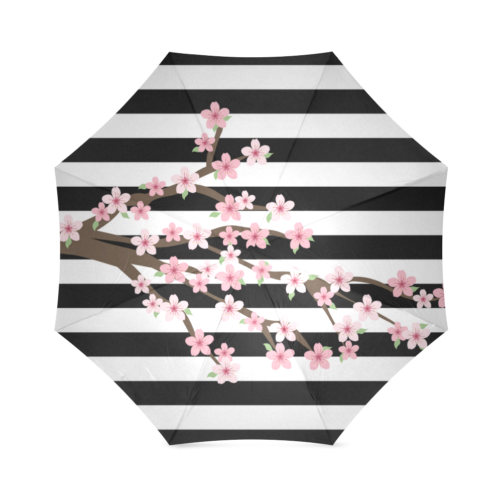 Black White Stripes, Cherry Blossom Flower Tree, Floral Pattern Foldable Umbrella (Model U01)
