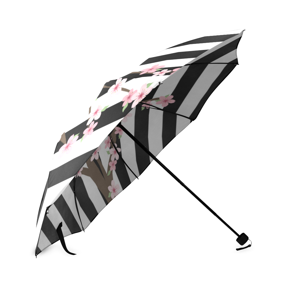 Black White Stripes, Cherry Blossom Flower Tree, Floral Pattern Foldable Umbrella (Model U01)