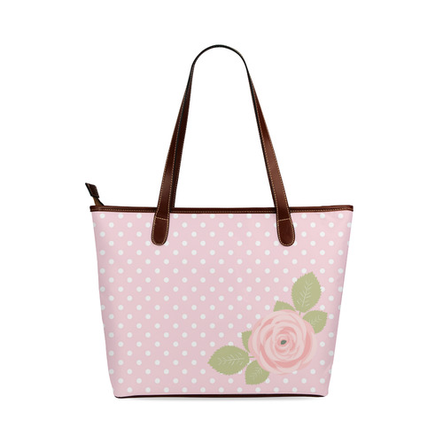 Pink White Polka Dots, Pink Rose Flower Shoulder Tote Bag (Model 1646)