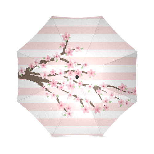Pink White Stripes, Cherry Blossom Tree, Floral Pattern Foldable Umbrella (Model U01)
