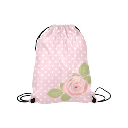Pink White Polka Dots, Pink Rose Flower Medium Drawstring Bag Model 1604 (Twin Sides) 13.8"(W) * 18.1"(H)