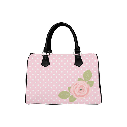 Pink White Polka Dots, Pink Rose Flower Boston Handbag (Model 1621)