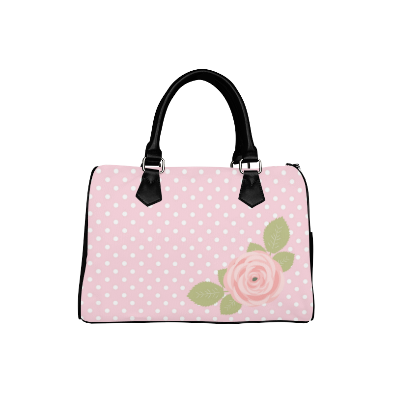 Pink White Polka Dots, Pink Rose Flower Boston Handbag (Model 1621)