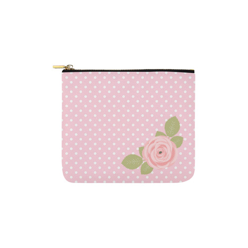 Pink White Polka Dots, Pink Rose Flower Carry-All Pouch 6''x5''