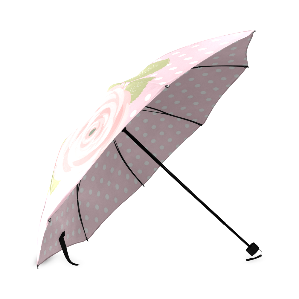 Pink White Polka Dots, Pink Rose Flower Foldable Umbrella (Model U01)
