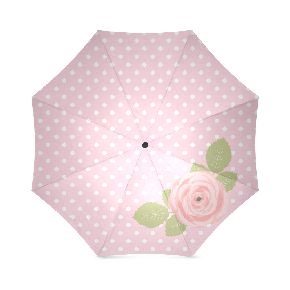 Pink White Polka Dots, Pink Rose Flower Foldable Umbrella (Model U01)