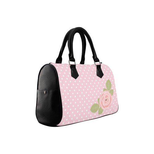 Pink White Polka Dots, Pink Rose Flower Boston Handbag (Model 1621)