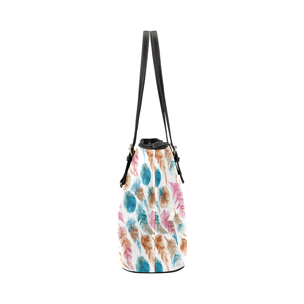 Colorful Boho Feathers Leather Tote Bag/Large (Model 1651)