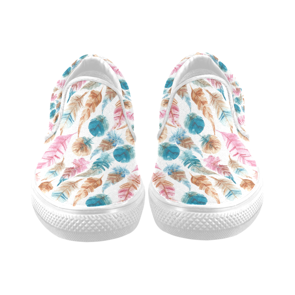 Colorful Boho Feathers Women's Slip-on Canvas Shoes (Model 019)