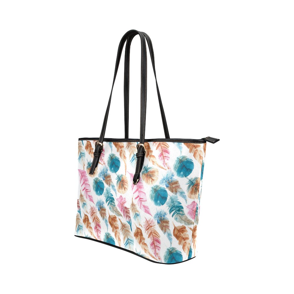 Colorful Boho Feathers Leather Tote Bag/Large (Model 1651)