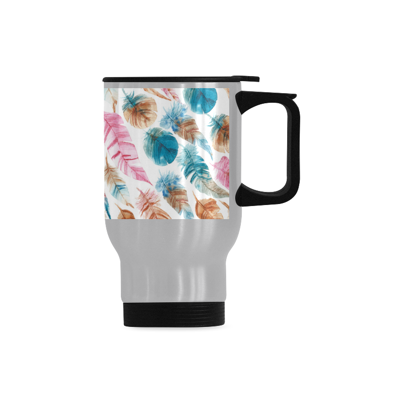 Colorful Boho Feathers Travel Mug (Silver) (14 Oz)