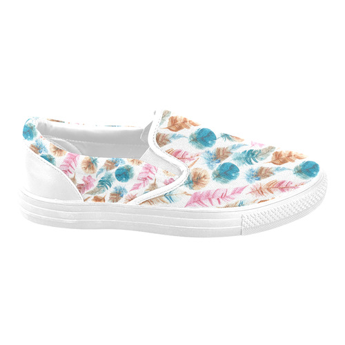 Colorful Boho Feathers Women's Unusual Slip-on Canvas Shoes (Model 019)