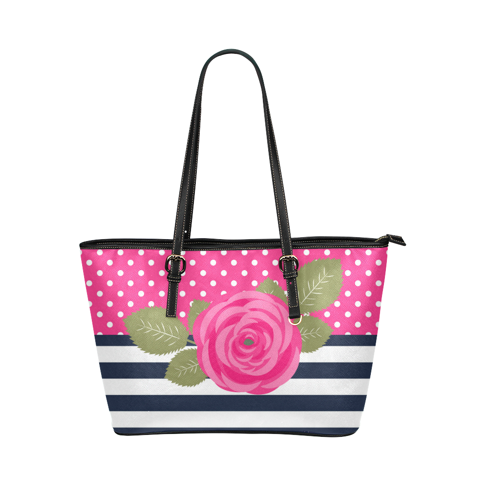 Navy White Stripes, Pink Polka Dots, Pink Rose Flower Leather Tote Bag/Small (Model 1651)