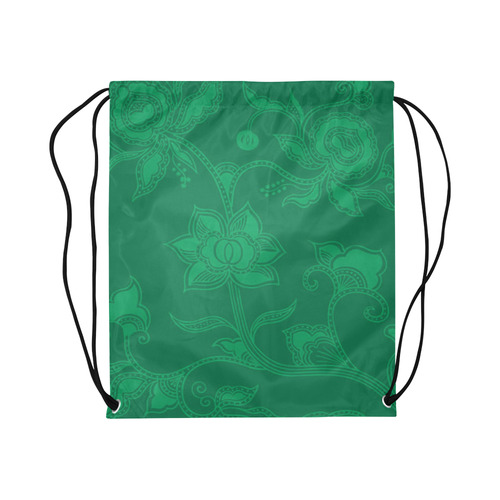 Vintage Floral Green Large Drawstring Bag Model 1604 (Twin Sides)  16.5"(W) * 19.3"(H)