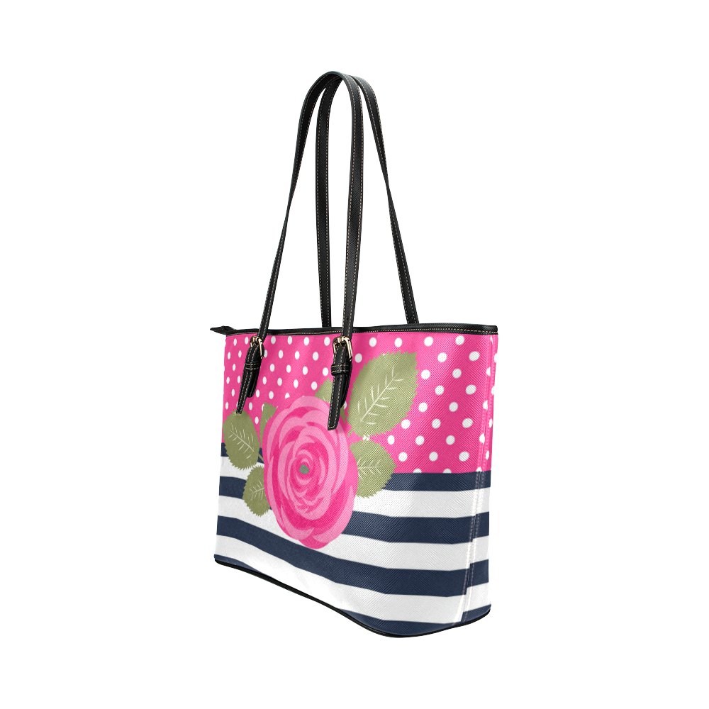 Navy White Stripes, Pink Polka Dots, Pink Rose Flower Leather Tote Bag/Small (Model 1651)