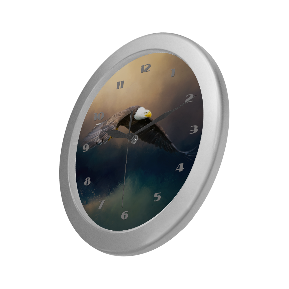 Painting flying american bald eagle Silver Color Wall Clock