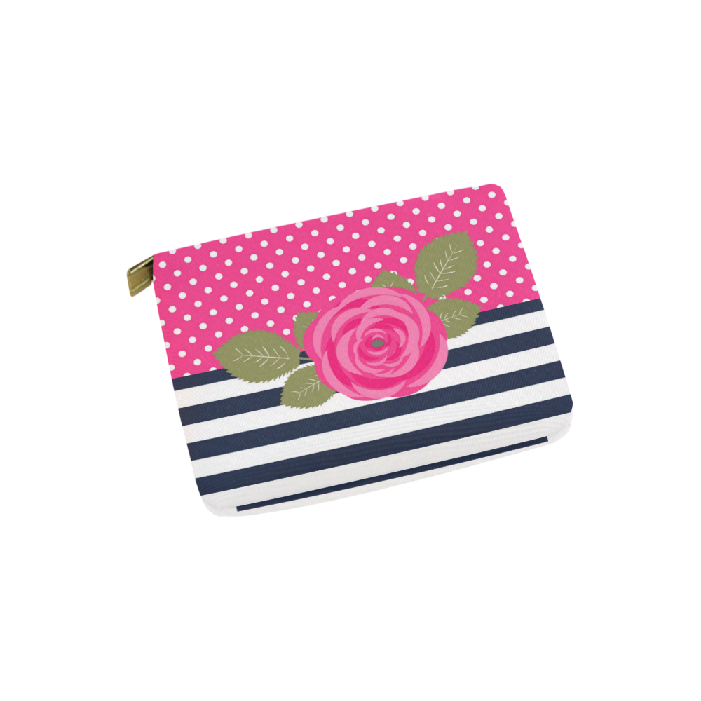 Navy White Stripes, Pink Polka Dots, Pink Rose Flower Carry-All Pouch 6''x5''