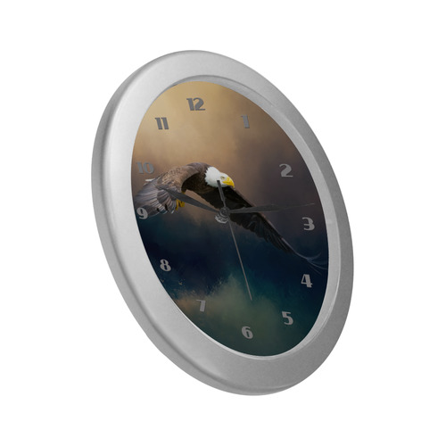 Painting flying american bald eagle Silver Color Wall Clock