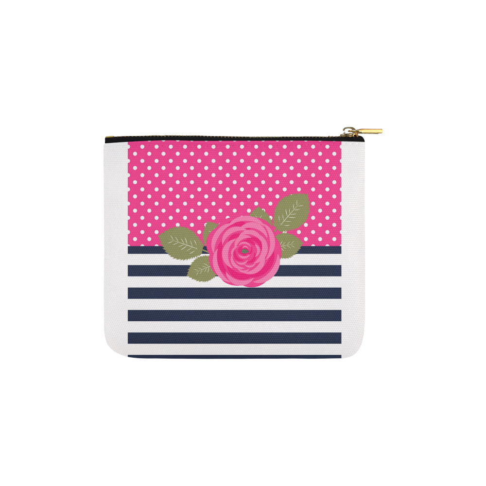 Navy White Stripes, Pink Polka Dots, Pink Rose Flower Carry-All Pouch 6''x5''