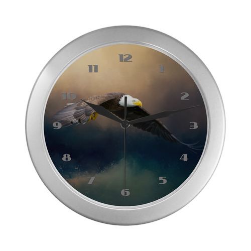 Painting flying american bald eagle Silver Color Wall Clock