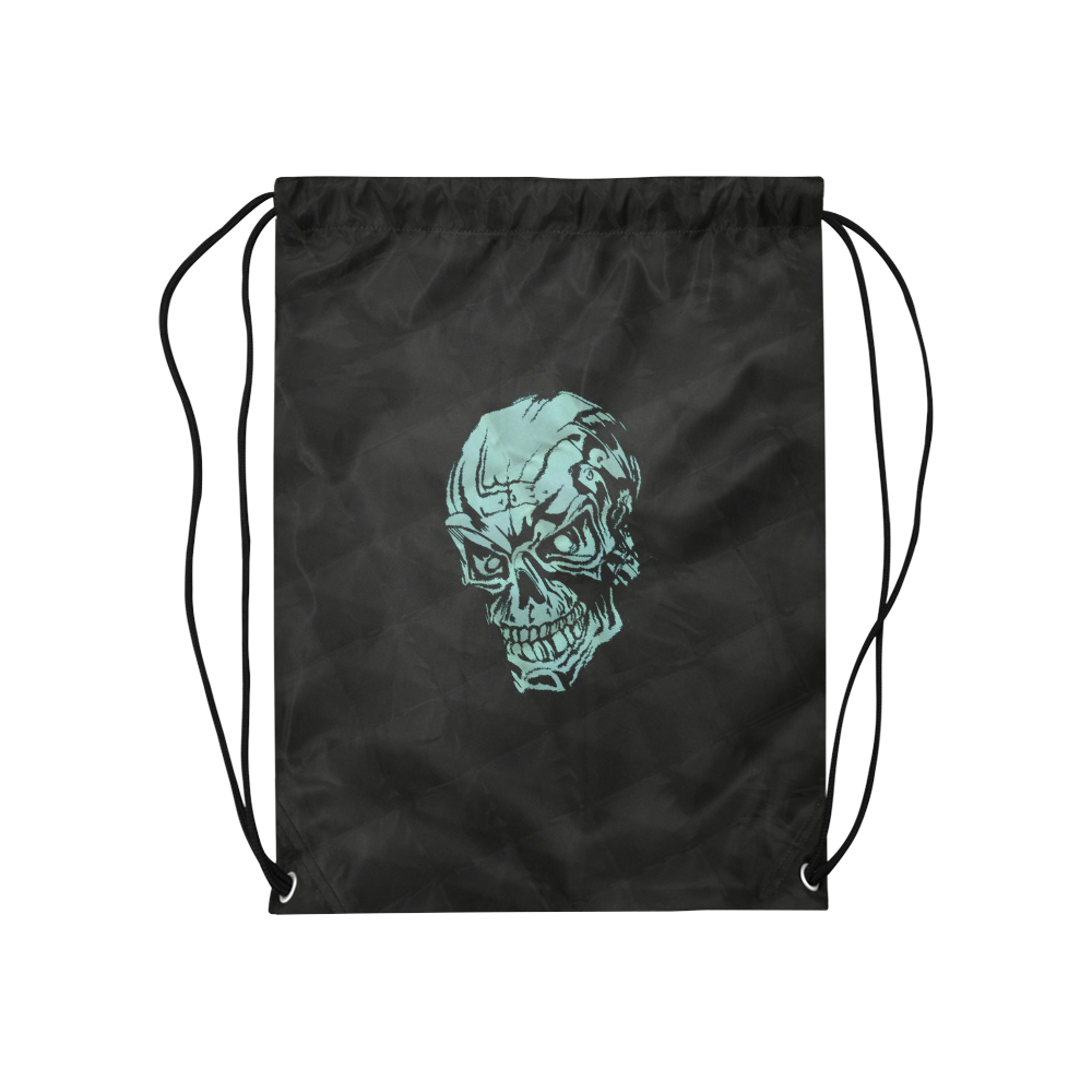 skull on Quilt,aqua Medium Drawstring Bag Model 1604 (Twin Sides) 13.8"(W) * 18.1"(H)