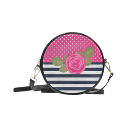 Navy White Stripes, Pink Polka Dots, Pink Rose Flower Round Sling Bag (Model 1647)