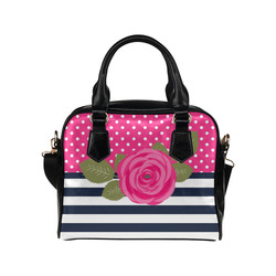 Navy White Stripes, Pink Polka Dots, Pink Rose Flower Shoulder Handbag (Model 1634)