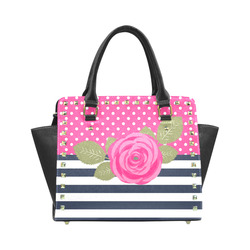Navy White Stripes, Pink Polka Dots, Pink Rose Flower Rivet Shoulder Handbag (Model 1645)