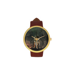 Amazing wolf in the night Women's Golden Leather Strap Watch(Model 212)