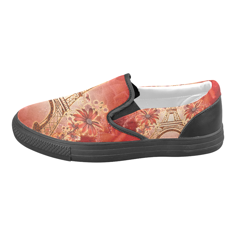 The eiffel tower with flowers, red colors Slip-on Canvas Shoes for Men/Large Size (Model 019)