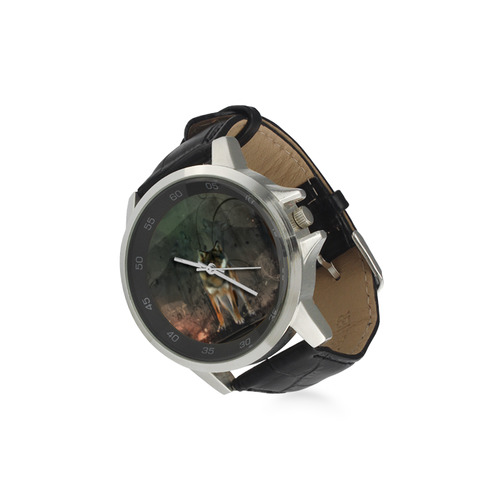 Amazing wolf in the night Unisex Stainless Steel Leather Strap Watch(Model 202)