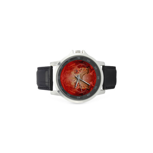 The eiffel tower with flowers, red colors Unisex Stainless Steel Leather Strap Watch(Model 202)