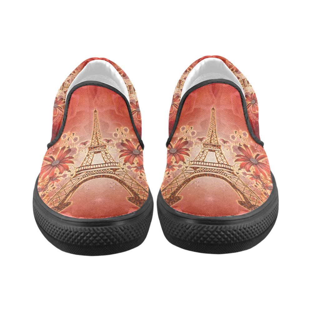 The eiffel tower with flowers, red colors Slip-on Canvas Shoes for Men/Large Size (Model 019)