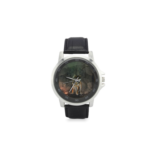Amazing wolf in the night Unisex Stainless Steel Leather Strap Watch(Model 202)