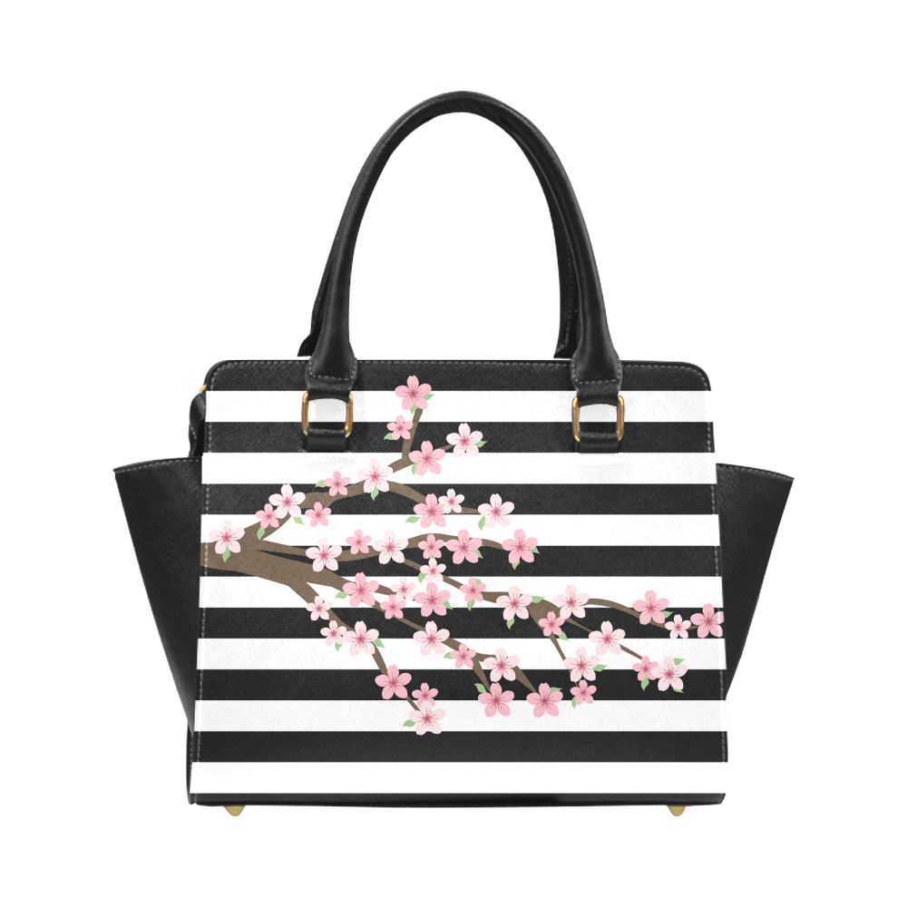 Black White Stripes, Cherry Blossom Flower Tree, Floral Pattern Classic Shoulder Handbag (Model 1653)